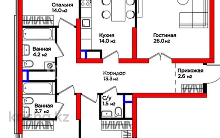 4-бөлмелі пәтер · 114 м² · 3/12 қабат, Нұрсәт ш/а, Байтерекова 12 — 7 блок 3 этаж, бағасы: 75 млн ₸ в Шымкенте, Каратауский р-н — фото 3