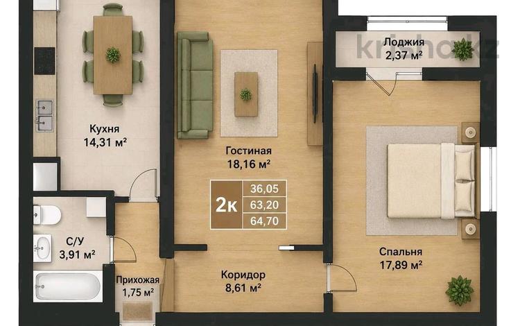 2-комнатная квартира · 65 м² · 9/9 этаж, Сарыарка 4/3 за 17.1 млн ₸ в Кокшетау — фото 2