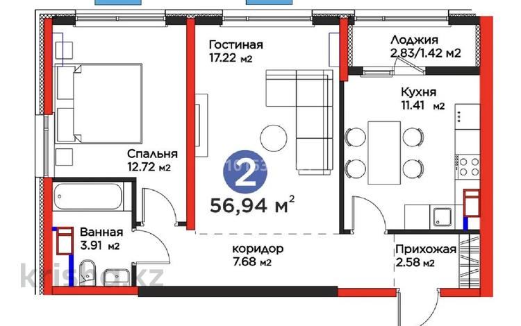 2-бөлмелі пәтер · 56.94 м² · 6/16 қабат, Толеметова, возле DENDRO SAYABAQ 2, бағасы: 33.5 млн ₸ в Шымкенте, Абайский р-н — фото 2