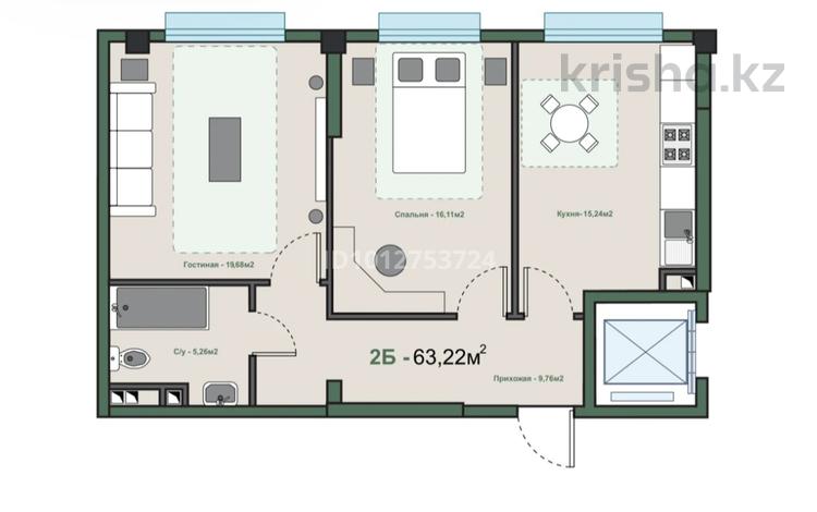 2-бөлмелі пәтер · 63.22 м² · 3/5 қабат, мкр Нуршашкан (Колхозши), Алатау 36, бағасы: 34 млн ₸ в Алматы, Турксибский р-н — фото 2