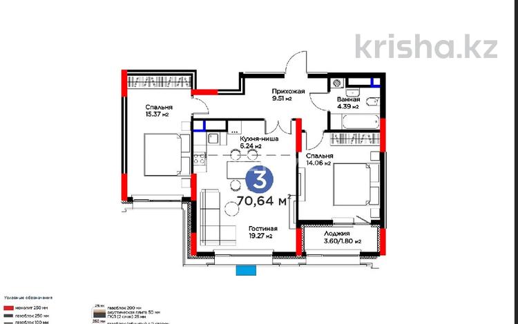 3-бөлмелі пәтер · 70.64 м² · 15/16 қабат, ул. Ханов Керея и Жанибека 50/3, бағасы: 61.5 млн ₸ в Астане, Есильский р-н — фото 2