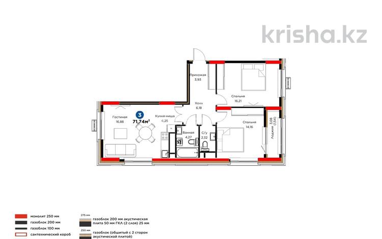 3-бөлмелі пәтер · 71.54 м² · 9 қабат, Улы Дала 14, бағасы: 50 млн ₸ в Астане, Нура р-н — фото 2