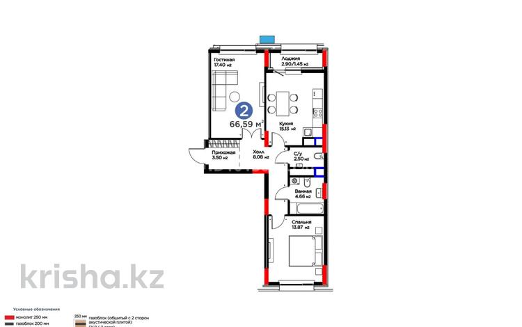 2-бөлмелі пәтер · 66.59 м² · 6/9 қабат, мкр Уркер, Туран 57/8, бағасы: 55 млн ₸ в Астане, Нура р-н — фото 2