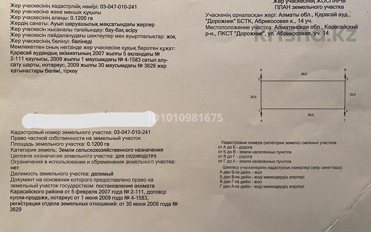 Жер телімі · 48 сотық, Абрикосовая 14, бағасы: 6.5 млн ₸ в Турарских дач — фото 2