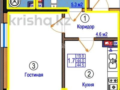 2-бөлмелі пәтер · 46.5 м² · 5/6 қабат, мкр Нуркент 19, бағасы: 43 млн ₸ в Алматы, Алатауский р-н