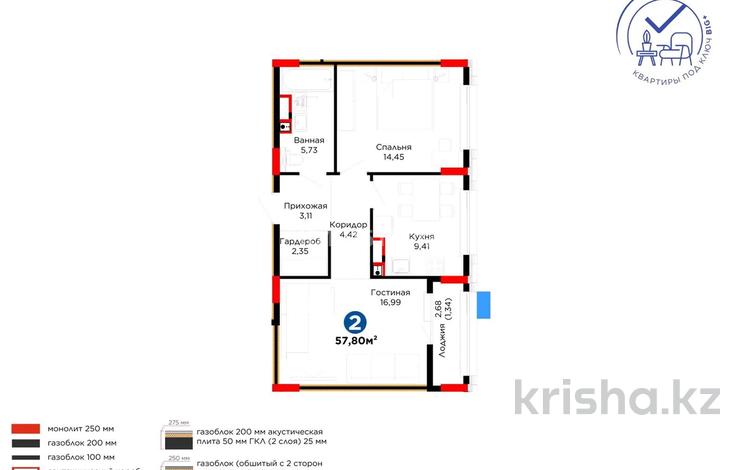 2-комнатная квартира · 57.8 м² · 8/9 этаж, Е 101 5 — ракеты Туран космический центр за 49 млн ₸ в Астане, Нура р-н — фото 2