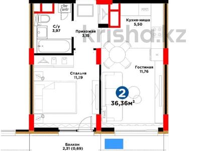 2-комнатная квартира · 36.36 м² · 6/9 этаж, Е 908 23 — Квартира с ремонтом за 23.8 млн 〒 в Астане, Нура р-н