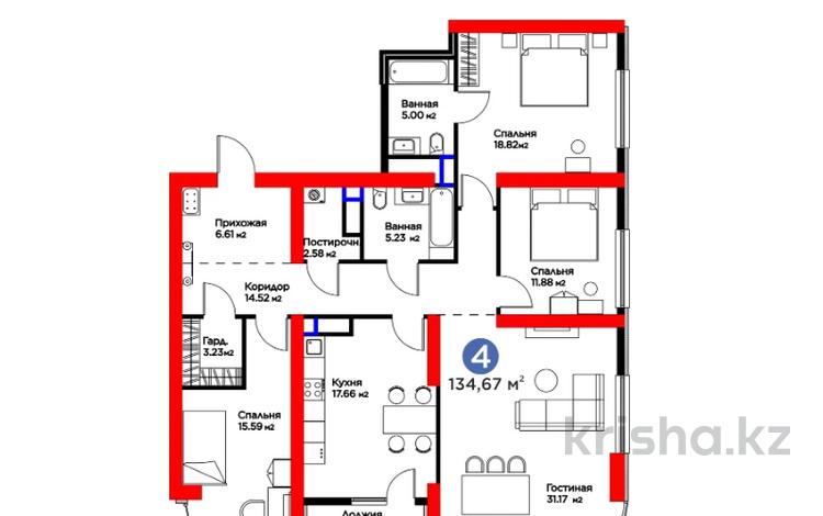 4-комнатная квартира · 135 м² · 5/25 этаж, Кунаева 32А за 125.7 млн 〒 в Шымкенте — фото 2