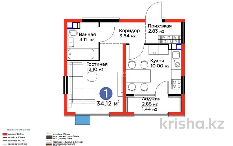 1-комнатная квартира · 34.12 м² · 4/6 этаж, Кайрат микрорайон 17 за 23.9 млн ₸ в Алматы, Турксибский р-н — фото 2