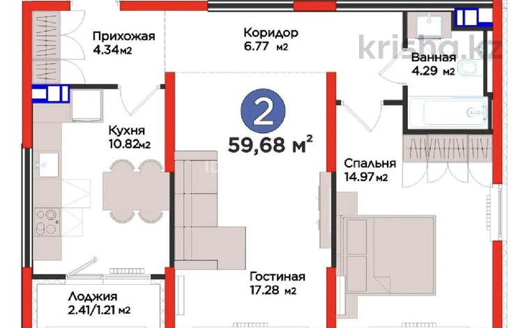 2-бөлмелі пәтер · 59.68 м² · 5/6 қабат, Ғажайып ш/а., ​Гажайып микрорайон 11/19, бағасы: 55 млн ₸ в Алматы, Алатауский р-н — фото 2
