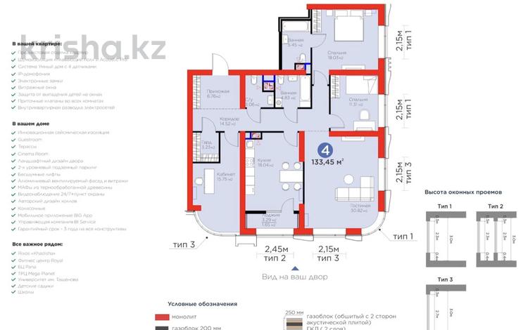 4-бөлмелі пәтер · 133.45 м² · 5/23 қабат, Кунаева 32А, бағасы: ~ 172.1 млн ₸ в Шымкенте, Аль-Фарабийский р-н — фото 2