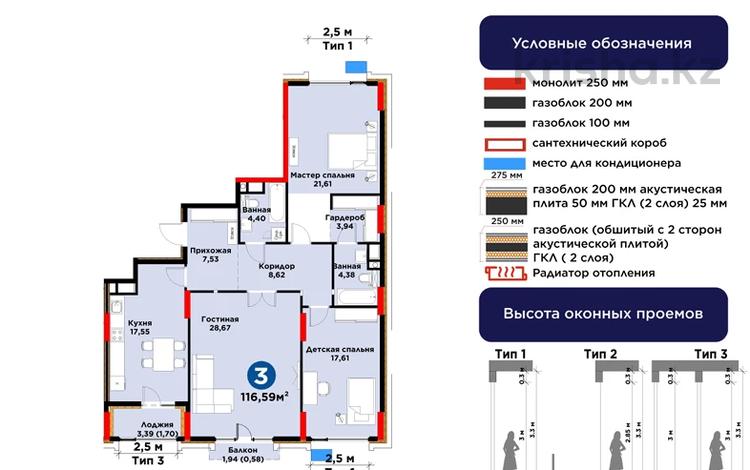 3-бөлмелі пәтер · 116.59 м² · 14/14 қабат, Бухар жырау 33/2 — БИЗНЕС КЛАСС, бағасы: 93 млн ₸ в Астане, Есильский р-н — фото 3