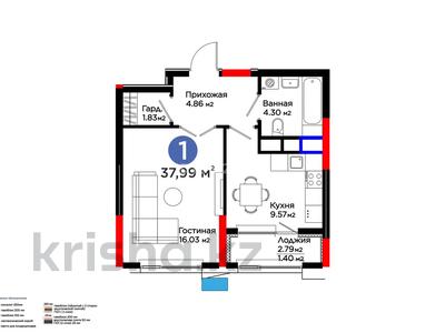 1-бөлмелі пәтер · 38 м² · 2/9 қабат, Турар Рыскулов 18/1, бағасы: 29 млн ₸ в Астане, Есильский р-н