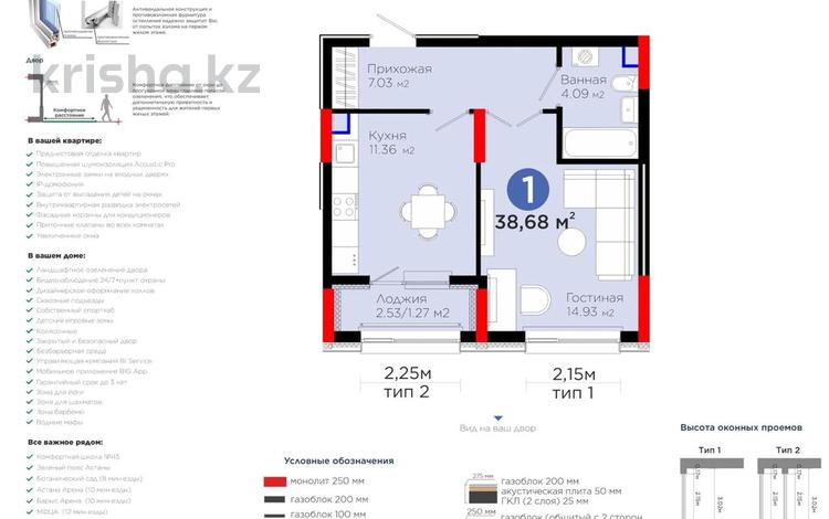 1-комнатная квартира · 38.68 м² · 2/14 этаж, Улы Дала 4 за 27.9 млн ₸ в Астане, Нура р-н — фото 2