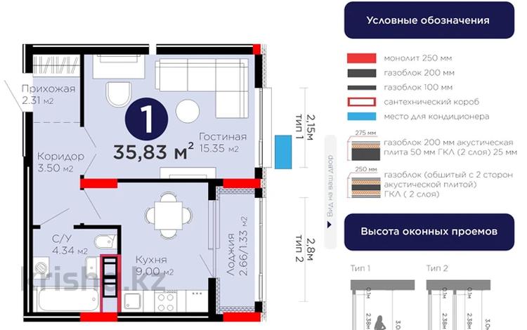1-комнатная квартира · 35.83 м² · 4/8 этаж, Бухар жырау 31/1 за 29 млн ₸ в Астане, Есильский р-н — фото 2