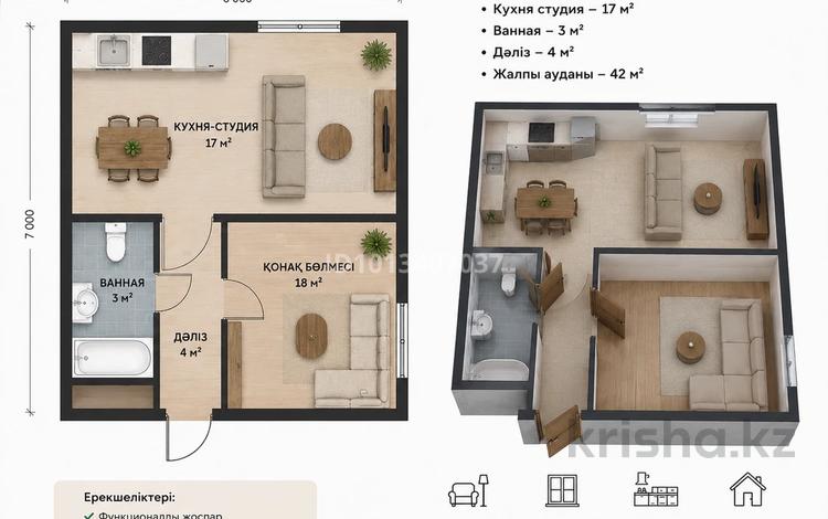 2-бөлмелі пәтер · 42 м² · 8/9 қабат, Шоссе Коргалжын 31 — N100 «Жайлы мектеп” жанында, бағасы: 18 млн ₸ в Астане, Нура р-н — фото 2