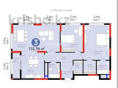 3-комнатная квартира · 113 м² · 10/21 этаж, Бухар жырау 20 за 99 млн ₸ в Астане, Нура р-н