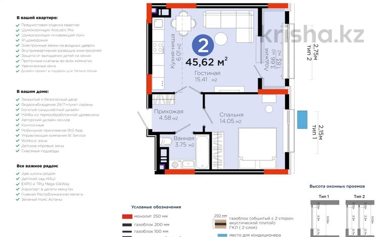 2-комнатная квартира · 45.62 м² · 9/9 этаж, Е-321 6 за 25 млн ₸ в Астане, Есильский р-н — фото 5