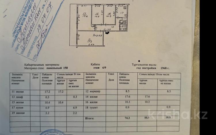 4-комнатная квартира, 74.3 м², 6/9 этаж, Абылай Хана 112/116 — Шевченко