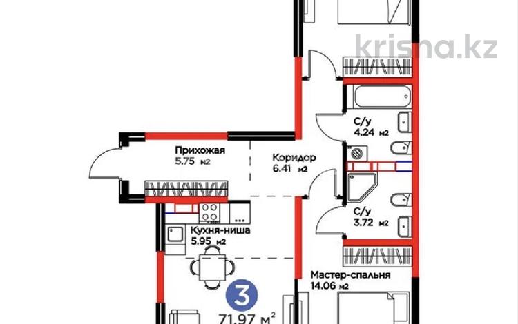 3-бөлмелі пәтер · 71.97 м² · 6/9 қабат, Райымбека, бағасы: 59.5 млн ₸ в Алматы, Жетысуский р-н — фото 2