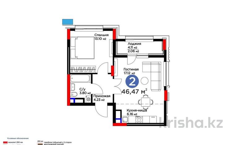 2-бөлмелі пәтер · 46.4 м² · 8/9 қабат, Сагадат Нурмагамбетов 17, бағасы: 32 млн ₸ в Астане, Сарайшык р-н — фото 2