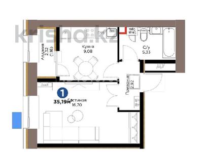 1-комнатная квартира · 35.19 м² · 2/9 этаж, Хусейн бен Талал 1, 11/1-2 за 26 млн ₸ в Астане, Нура р-н