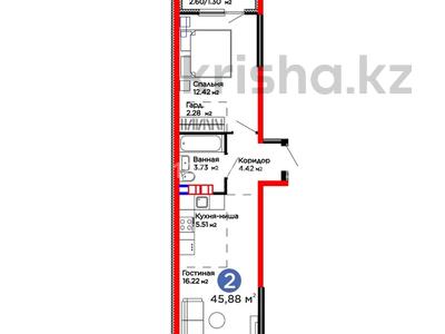 2-бөлмелі пәтер · 46 м² · 6/6 қабат, Бауыржана Момышулы 11/14а, бағасы: 32.9 млн ₸ в Алматы, Алатауский р-н