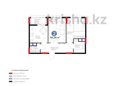 2-комнатная квартира · 58.26 м² · 9/9 этаж, Туран 57/4 — Бухар Жырау за 36 млн 〒 в Астане, Нура р-н