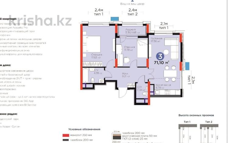3-комнатная квартира · 71.1 м² · 7/14 этаж, Сагадат Нурмагамбетов 17 стр — СРОЧНО!!! Горящий вариант! за 47 млн 〒 в Астане, Алматы р-н — фото 2