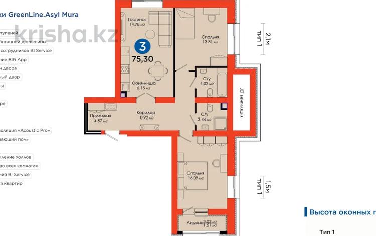 3-комнатная квартира, 75.3 м², Толе би 63