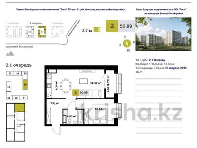 2-бөлмелі пәтер · 51 м² · 2/8 қабат, мкр Кайрат, Туркестан, бағасы: 31.5 млн ₸ в Алматы, Турксибский р-н