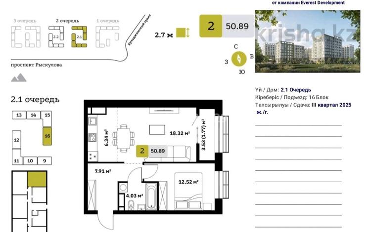 2-комнатная квартира · 51 м² · 2/8 этаж, мкр Кайрат, Туркестан за 31.5 млн ₸ в Алматы, Турксибский р-н — фото 3
