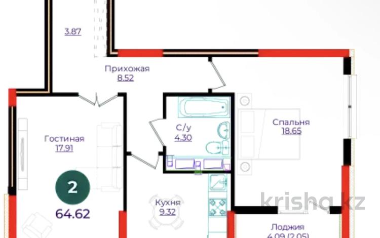 2-бөлмелі пәтер · 64.62 м² · 7/17 қабат, Е 882 13, бағасы: ~ 31.2 млн ₸ в Астане, Нура р-н — фото 2