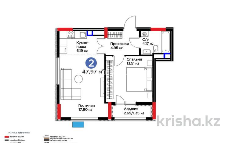 2-комнатная квартира · 48 м² · 10/17 этаж, Сагадат Нурмагамбетов 17 — Калдаякова за 39.5 млн ₸ в Астане, Сарайшык р-н — фото 2