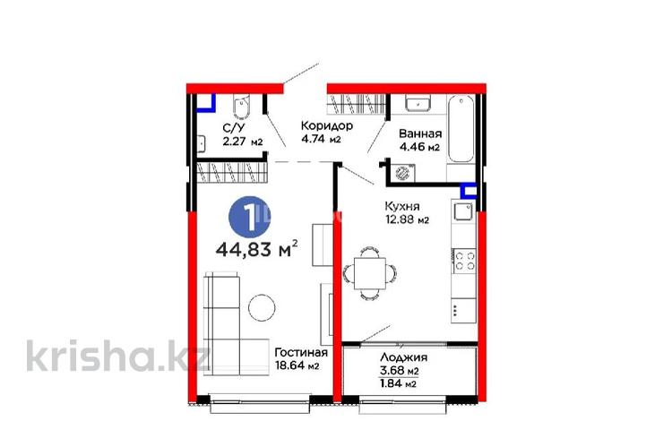 1-бөлмелі пәтер · 44.83 м² · 1/9 қабат, Лебедева 1/1, бағасы: 52 млн ₸ в Алматы, Бостандыкский р-н — фото 3