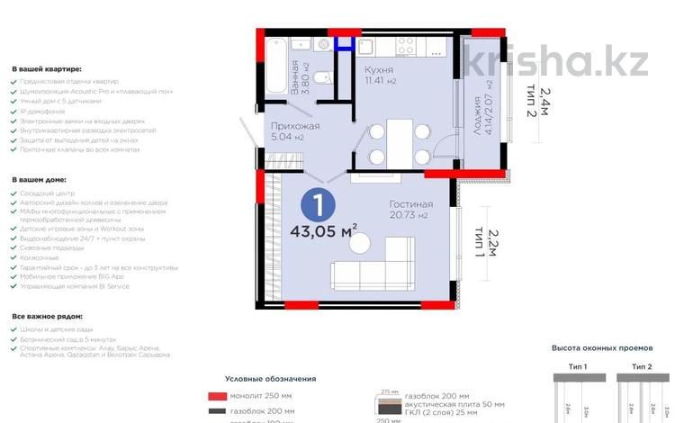 2-комнатная квартира · 43 м² · 8/15 этаж, Бухар жырау 20 за 38 млн 〒 в Астане, Есильский р-н — фото 2