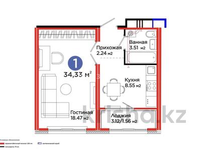 1-бөлмелі пәтер · 34.33 м² · 3 қабат, Толе би 24, бағасы: 25 млн ₸ в Астане, Нура р-н