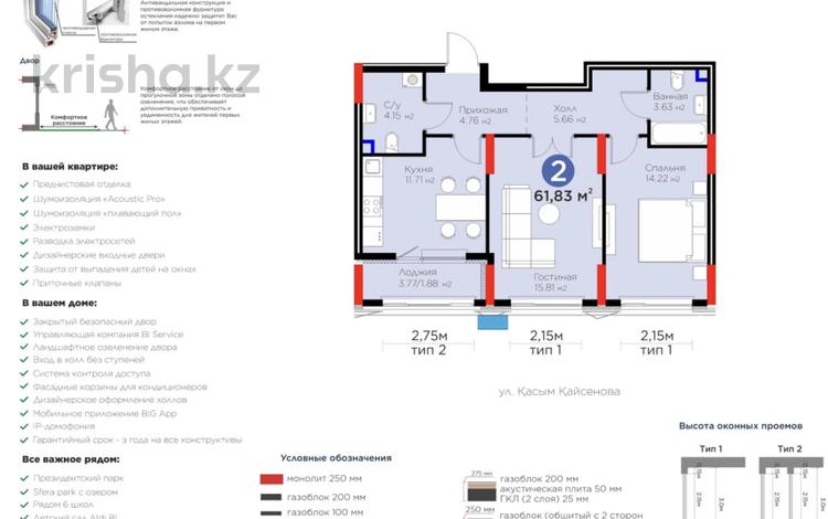 2-комнатная квартира · 61.8 м² · 2/14 этаж, Бухар Жырау 33 — РЯДОМ СФЕРА ПАРК! ШКОЛА БИНОМ! за 44 млн ₸ в Астане, Есильский р-н — фото 2
