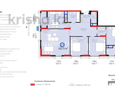 4-бөлмелі пәтер · 122.71 м² · 4/16 қабат, Турар Рыскулова 1/1, бағасы: 120 млн ₸ в Астане, Есильский р-н
