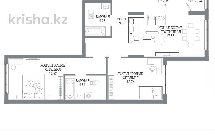 3-бөлмелі пәтер · 78 м² · 7/12 қабат, пересечение ул. Калдаякова и ул. Жургенова 30/1, бағасы: ~ 43.5 млн ₸ в Астане, Сарайшык р-н — фото 2