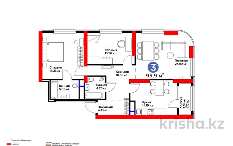 3-комнатная квартира · 95.9 м² · 3/25 этаж, Кунаева за ~ 82.7 млн 〒 в Шымкенте, Аль-Фарабийский р-н — фото 8