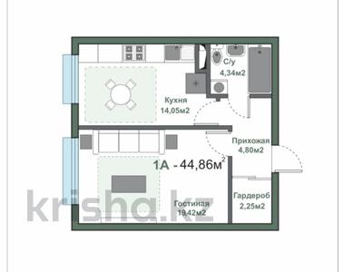 2-бөлмелі пәтер · 44.86 м² · 4/5 қабат, Нұршашқан ш/а., Алатау 36, бағасы: ~ 25.8 млн ₸ в Алматы, Турксибский р-н