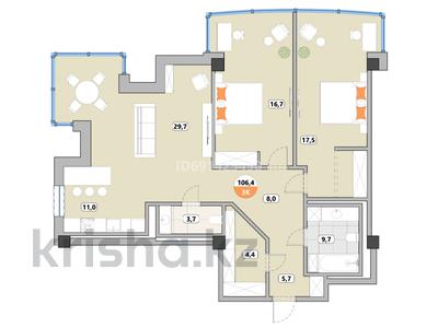 3-бөлмелі пәтер, 106.4 м², 7/7 қабат, мкр Горный Гигант, Жамакаева 254/2 — Пр. Аль-Фараби - ул. Нурлан Каппарова, бағасы: 114.9 млн 〒 в Алматы, Медеуский р-н