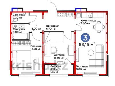 3-комнатная квартира · 64 м² · 3/9 этаж, Улы Дала — Улы дала - Шерхана Муртаза за 45 млн 〒 в Астане, Есильский р-н
