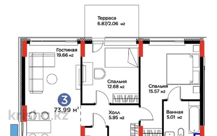 3-бөлмелі пәтер · 74 м² · 1/9 қабат, Е 117 55, бағасы: 45 млн ₸ в Астане, Есильский р-н — фото 3
