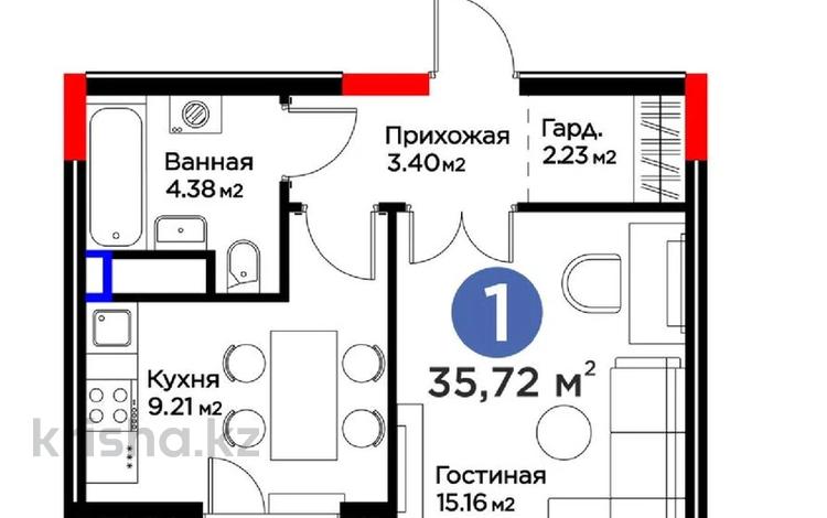 1-комнатная квартира · 36 м² · 8/9 этаж, Е 117 55 за 23.9 млн 〒 в Астане — фото 2