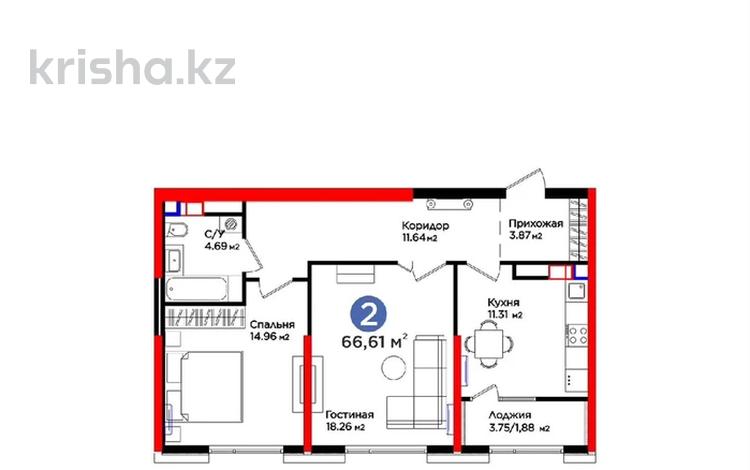2-бөлмелі пәтер · 66 м² · 11/16 қабат, Тараз ш/а, Рыскулова 33/2, бағасы: 42 млн ₸ в Шымкенте, Аль-Фарабийский р-н — фото 2
