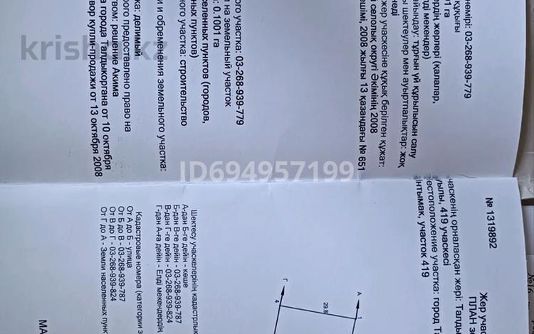 Жер телімі · 10 сотық, Участок 419, бағасы: 6 млн ₸ в Талдыкоргане, село Ынтымак — фото 2