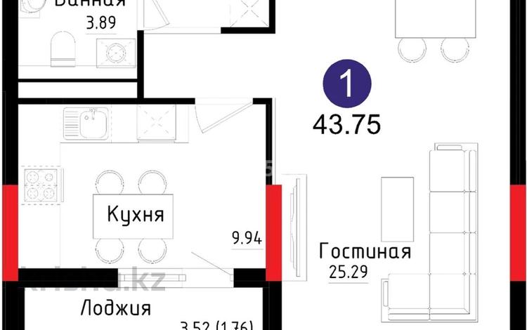 1-комнатная квартира · 43.75 м² · 12/17 этаж, Туран 52/2, 52/3 за 33 млн ₸ в Астане, Есильский р-н — фото 2