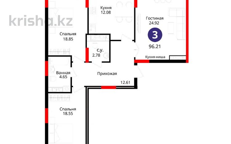 3-бөлмелі пәтер · 95.8 м² · 5 қабат, ул. Е-429 14/2, бағасы: ~ 42 млн ₸ в Астане, Есильский р-н — фото 2